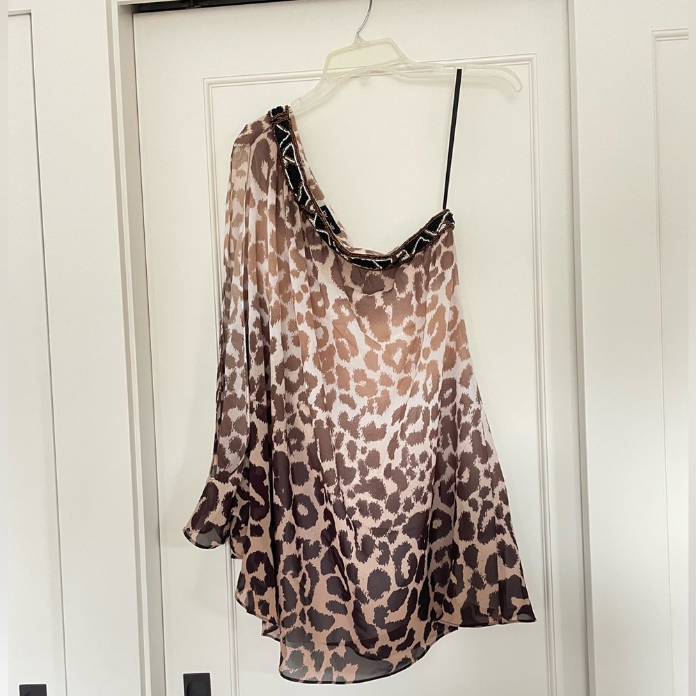 Bebe one shoulder cheetah print dress‎ with beading - Picture 3 of 8